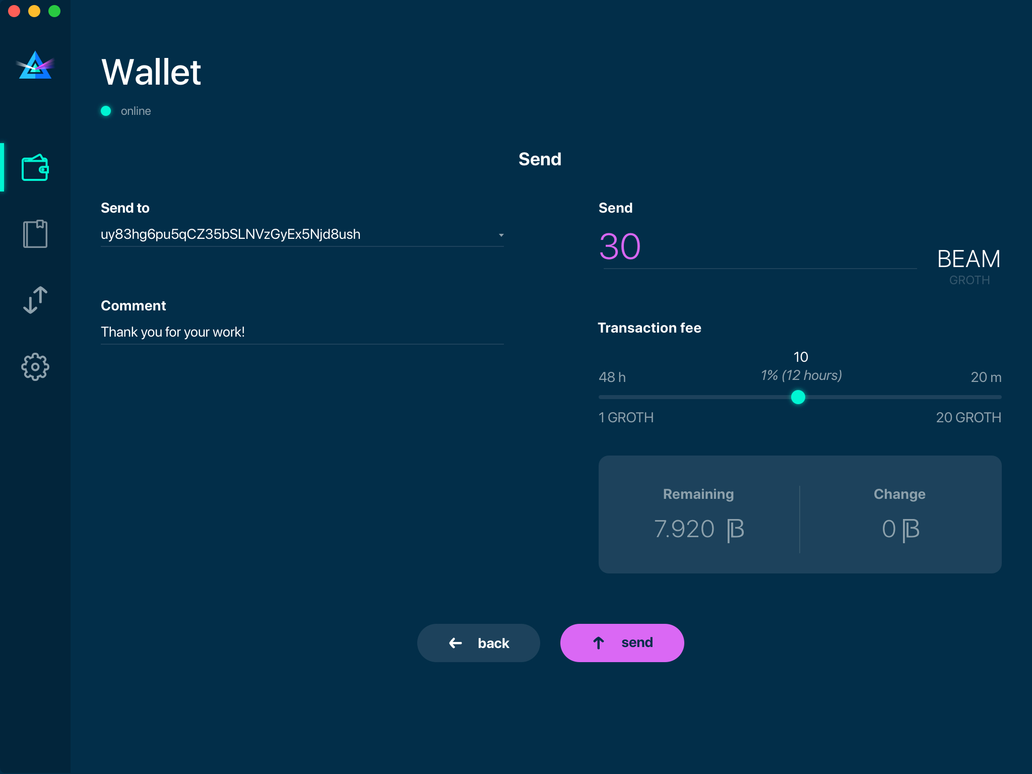 Send BEAM transaction fee
