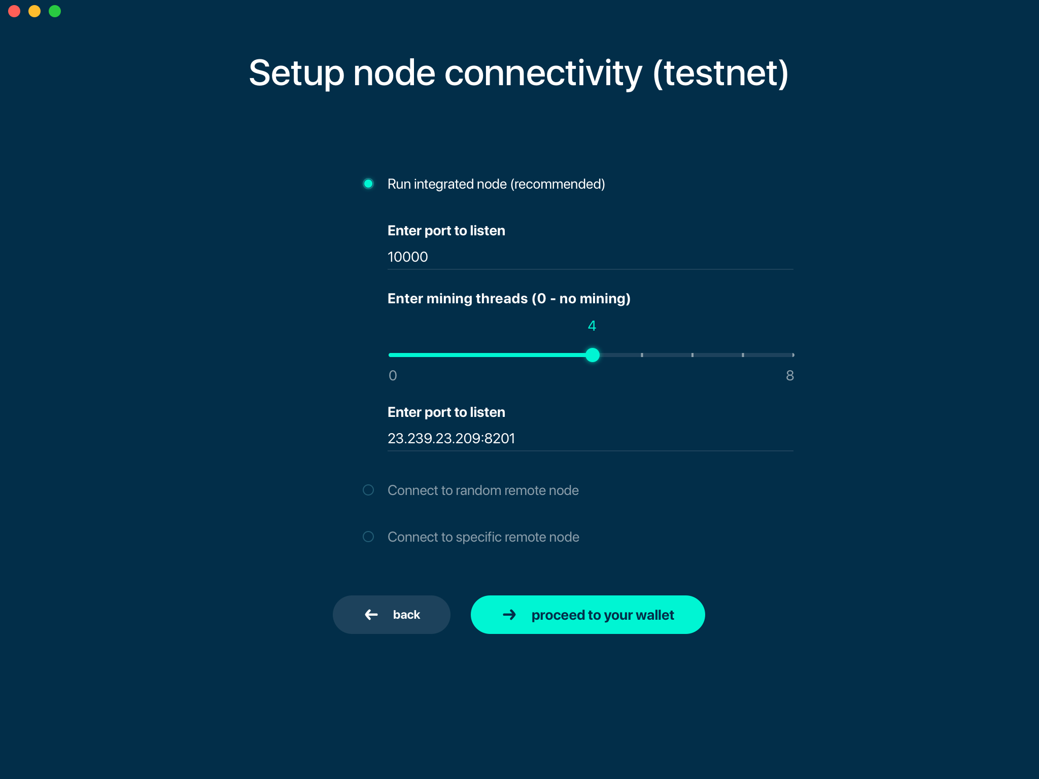 Start wallet with integrated node